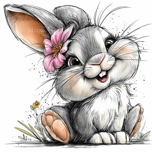 May include: A charming illustration of a smiling bunny with gray fur, a pink flower, and a light brown ear. The bunny is sitting down with its paws visible. The artwork has a watercolor style with black ink splatters.