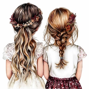 10 Clipart PNG de Duas Meninas com Vista Traseira, Ilustração de Coroa de Cabelo Floral e Tranças, Arte de Amizade de Irmãs para Cartões, Impressões e Sublimação