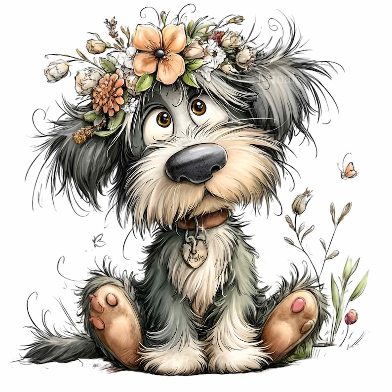 15 PNG Floral Puppy Clipart – Cute Dog PNG – Rustic Cartoon Pet ...