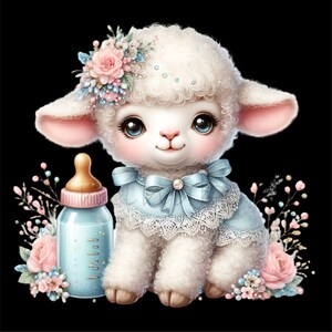 May include: A charming illustration of a fluffy white lamb with large blue eyes, wearing a blue dress with lace trim and a bow. A baby bottle and floral accents complete the design, set against a black background.