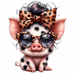 14 uroczych świń PNG Clipart - puszysty prosiaczek z kokardą w panterkę i okularami przeciwsłonecznymi, modna sztuka zwierząt gospodarskich, pobieranie cyfrowe, sublimacja
