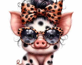 14 Cute Pig PNG Clipart - Fluffy Piglet with Leopard Bow & Sunglasses, Trendy Farm Animal Art, Digital Download, Sublimation