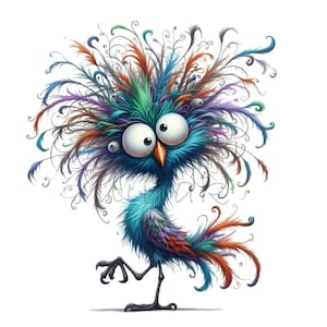 12 Oiseaux drôles PNG - Clipart d'oiseau de dessin animé coloré avec des plumes sauvages - Art animalier original pour travaux manuels pour enfants et décoration ludique