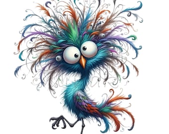 12 Lustiger Vogel PNG - Bunte Cartoon-Vogel-Cliparts mit wilden Federn - Schrullige Tierkunst für Kinderbasteln und verspieltes Dekor