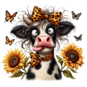 12 lustige Highland Kuh PNG, Dumme Kuh mit Leopardenschleife, Sonnenblumen & Schmetterlinge, Bauernhof Tier Clipart