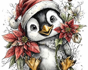May include: A watercolor illustration of a cute penguin wearing a Santa hat, surrounded by red poinsettias and white flowers. The penguin has a yellow beak and feet, with a black and white body. The image has a festive, holiday theme.