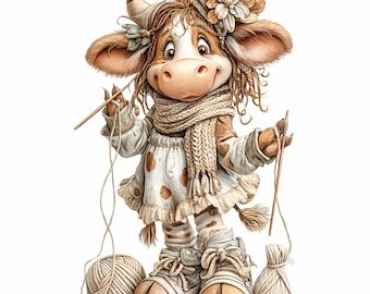 15 PNG Knitting Cow Clipart, Highland Cattle Yarn Fiber Artist Sublimation