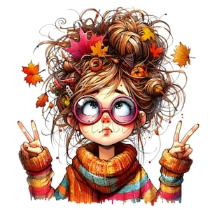 Funny Girl Fall Leaves Autumn 14 PNG Graphics Cartoon illustration clipart, Sublimation Printable, Wall Art