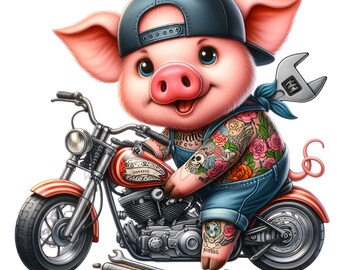 15 Motociclista Cerdo PNG, Arte Mecánico Tatuado