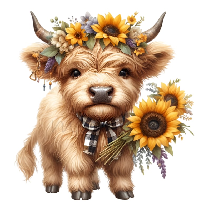 May include: A cute, fluffy, brown Highland cow calf wearing a sunflower and flower crown with a plaid bow tie and holding a bouquet of sunflowers.
