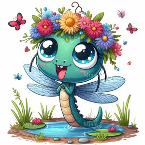 14 PNG Clipart di libellula carina - File PNG di insetto primaverile - Corona di fiori con insetto per lavoretti per bambini, stampe per bambini e decorazioni a tema natura