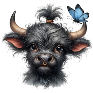 14 schattige hooglandkoe png, zwarte pluizige koe met neusring clipart, boerderijdieren digitale download, koeienliefhebber kunst