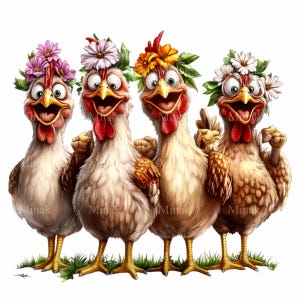 16 divertidos pollos PNG con coronas florales PNG Clipart, arte digital de animales de granja caprichosos, ilustración de gallina peculiar para manualidades