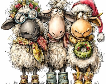 10 lustige PNG-Bilder von drei Weihnachtsschafen, skurrile Winterherde mit Weihnachtsmannkranz-Cliparts