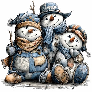 Op de afbeelding: Illustratie van drie lachende sneeuwmannen. Ze dragen blauwe en bruine patchwork hoeden, sjaals en overalls. Eén sneeuwman houdt een takje met een balornament vast. Ze hebben wortelneuzen en knoopogen.