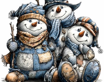 Bonhomme de neige famille PNG 12, hiver, patchwork, vacances, bleu, clipart