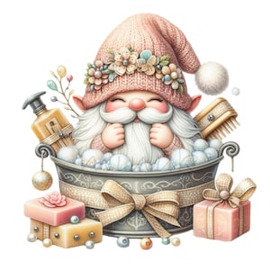 12 Spa Gnome PNG, Uroczy Gnom w Wannie z Bąbelkami, Relaksująca Pielęgnacja Clipart Cyfrowe Pobieranie