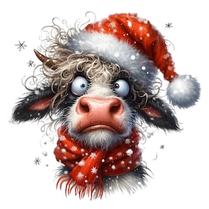Op de afbeelding: Een cartoon koe met een rode kerstmuts en sjaal, versierd met witte sneeuwvlokken. De koe heeft een verbaasde uitdrukking met grote ogen en krullend haar. De afbeelding roept een feestelijk kerstthema op met vallende sneeuwvlokken.