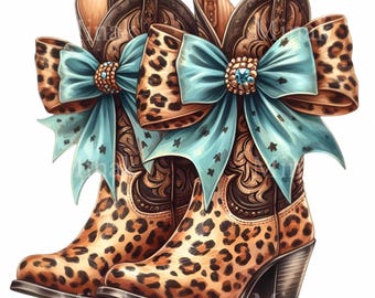 11 PNG Leopard Cowboy Boots Blue Coquette Bow Clipart, Western