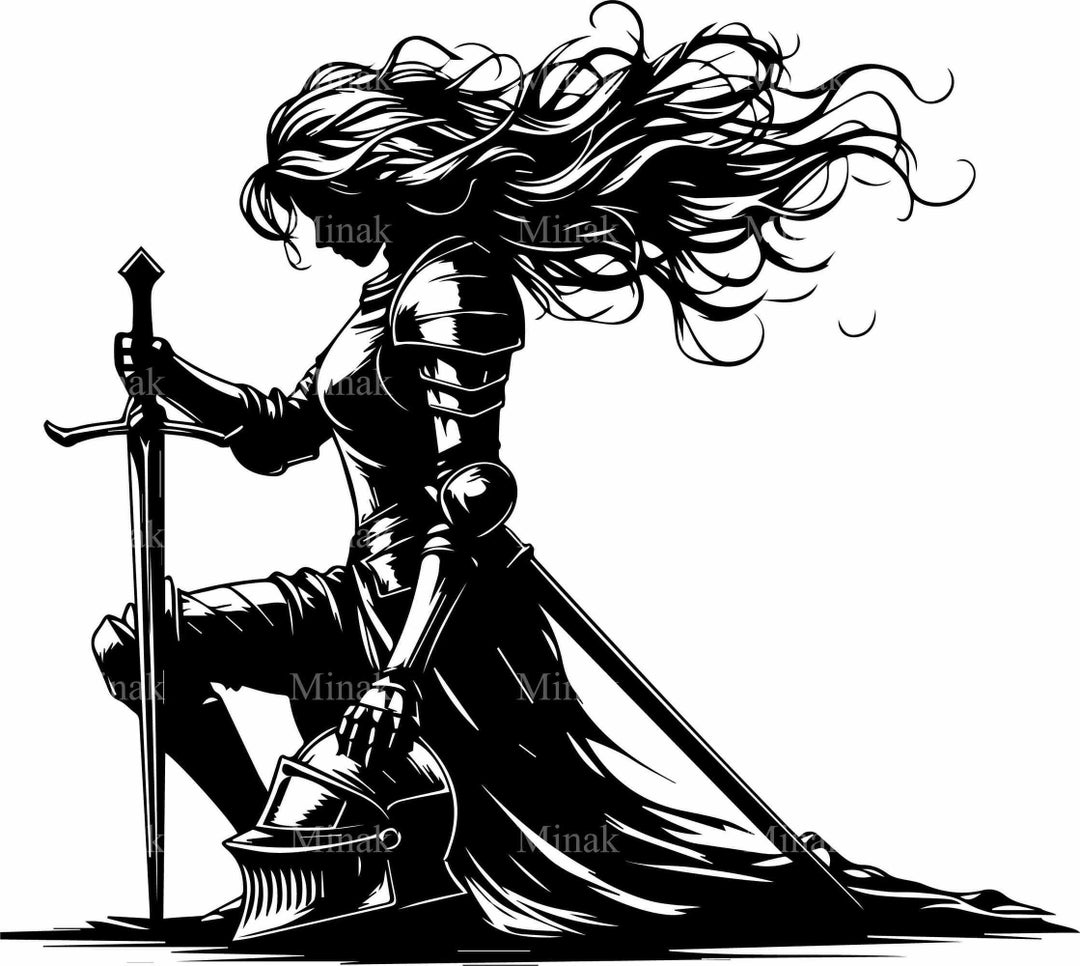 6 SVG ひざまずく女性騎士のSVGカットファイル、剣を持った女性戦士の