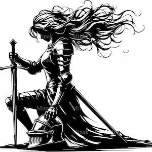 6 archivos SVG de caballero arrodillado, clipart de mujer guerrera con espada para Cricut, silueta de heroína medieval