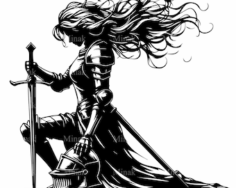 6 SVG Kneeling Female Knight SVG Cut File, Warrior Woman with Sword Clipart for Cricut, Medieval Heroine Silhouette Art