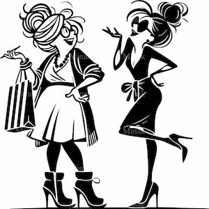 4 archivos SVG de compras elegantes: dos mujeres elegantes con tacones altos y bolsos riéndose juntas - Clipart de amigos de la moda