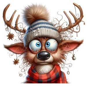 12 cliparts PNG drôle de renne de Noël avec de grands yeux, un chapeau d'hiver, une écharpe à carreaux et des bois décorés, art animalier de vacances