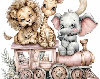 12 PNG Safari Animals Train Clipart, Nursery Jungle Sublimation, Baby Shower