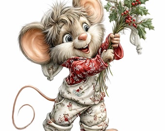 16 PNG Festive Mouse Clipart – Christmas Animal PNG Illustration – Cute Pajama Mouse Drawing for Stickers, Cards, Wall Art, Holiday Crafts