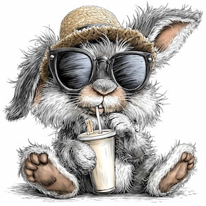 May include: A detailed illustration of a gray and white bunny wearing sunglasses and a straw hat. The bunny is holding a drink with a straw. The image has a summer theme and is set against a white background.
