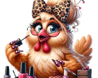 15 Fancy Chicken PNG Clipart - Glamorous Hen with Leopard Bow, Nail Polish, and Glasses Digital Art for Crafts