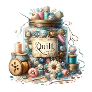 Quilt Jar PNG Clipart - 12 Vintage Nähzubehör Illustration für Crafting & Quilting Projekte