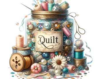 Quilt Jar PNG Clipart - 12 Vintage Sewing Supplies Illustration for Crafting & Quilting Projects