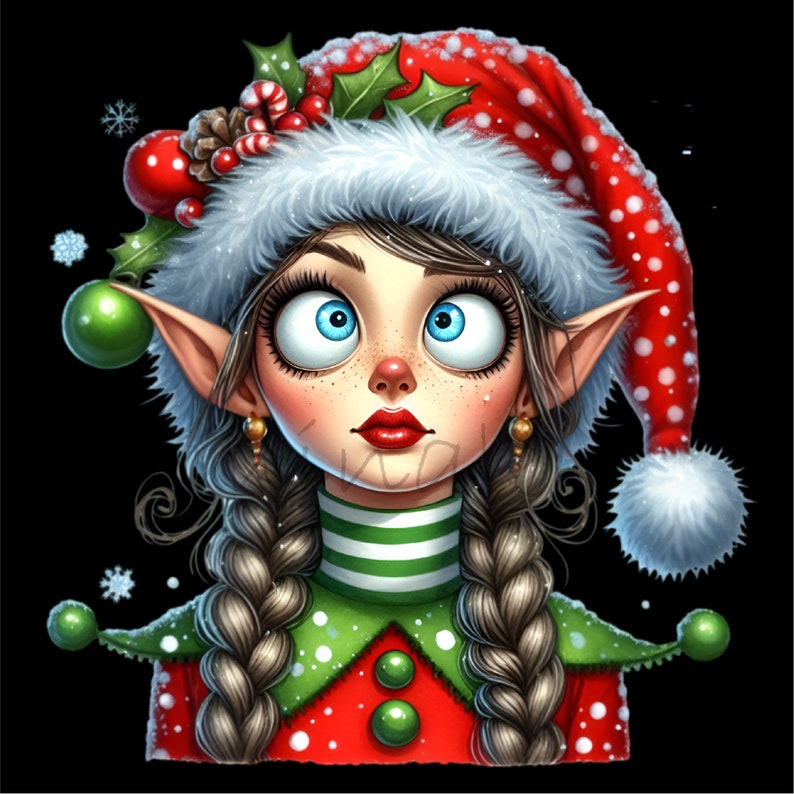 Puede incluir: Un elfo de Navidad con largas trenzas marrones, que lleva un gorro de Pap&aacute; Noel rojo y blanco con un pomp&oacute;n blanco, un cuello a rayas verde y blanco y un traje de elfo rojo y verde con lunares blancos.