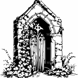 4 puertas de arco gótico SVG, archivo de corte de puerta de castillo encantado, clipart de entrada rústica cubierta de hiedra, silueta de portal de fantasía