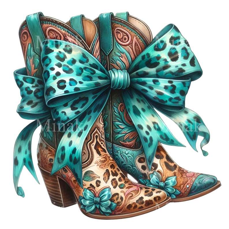 K&ouml;nnte beinhalten: Ein Paar braune Leder-Cowbo Stiefel mit aufwendigen Blumendesigns und Leopardenmuster-Akzenten. Die Stiefel sind mit einer gro&szlig;en t&uuml;rkisfarbenen Schleife mit Leopardenmuster zusammengebunden.