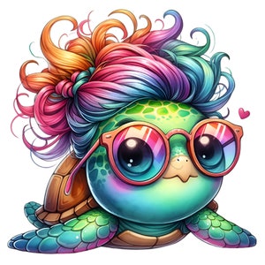 May include: A cartoon turtle with a rainbow-colored mohawk hairstyle wearing pink sunglasses. The turtle has a green shell and a brown underbelly.