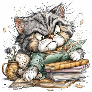 May include: A grumpy cartoon cat with gray and brown fur, wearing a green shirt, intensely reads a stack of books. A small vase with flowers sits nearby. The cat has an angry expression with green eyes.
