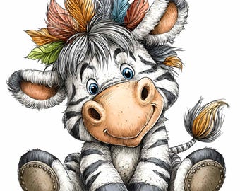 15 PNG Funny zebra clipart – Cute cartoon PNG – Jungle animal art with feathers for kids room, safari birthday or printable crafts