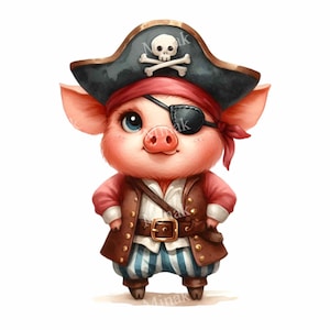 12 adorables cerdos piratas PNG / Adorable cerdo con sombrero pirata, parche en el ojo y atuendo / Divertida ilustración de animal náutico