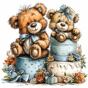 11 PNG Birthday bears clipart – cute animals PNG with blue cakes – baby shower decor, nursery wall art, sweet celebration illustration