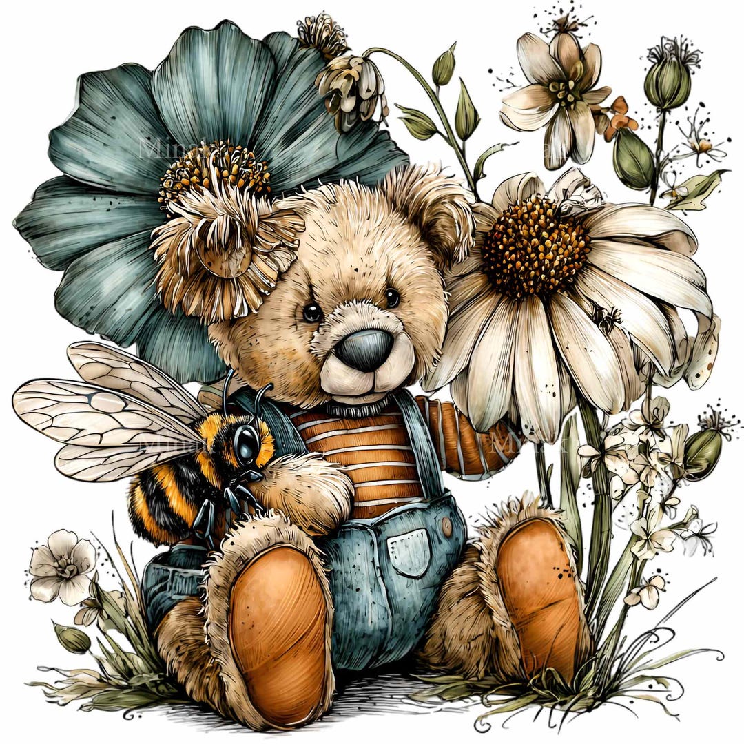 10 PNG Vintage Bear With Bee Floral Clipart Sublimation - Etsy