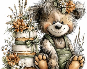 10 PNG Födelsedagsbjörnstårta Rustik vildblommafest Clipart