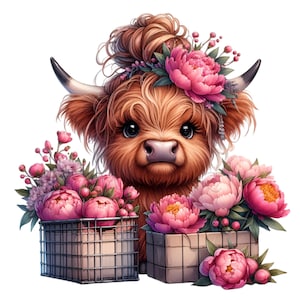 K&ouml;nnte beinhalten: Eine Highland-Kuh mit einer Blumenkrone, umgeben von rosa Pfingstrosen und anderen Blumen in zwei K&ouml;rben.