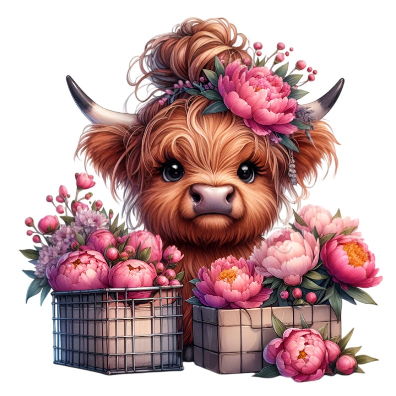 K&ouml;nnte beinhalten: Eine Highland-Kuh mit einer Blumenkrone, umgeben von rosa Pfingstrosen und anderen Blumen in zwei K&ouml;rben.