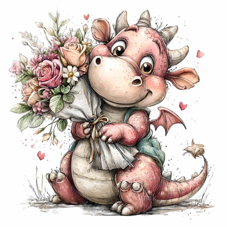 15 PNG Baby Dragon Clipart – Fantasy Animal With Roses for Valentine ...