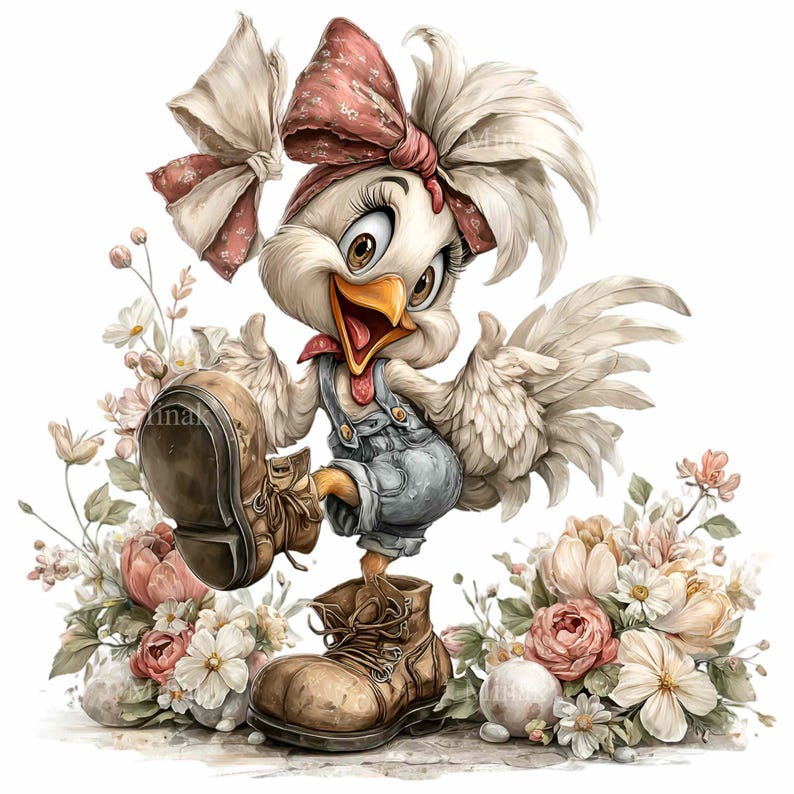 May include: A whimsical illustration of a cartoon chicken wearing denim overalls and brown boots, with a large pink bow in its hair. The chicken is surrounded by flowers in shades of pink, white, and peach, set against a white background.