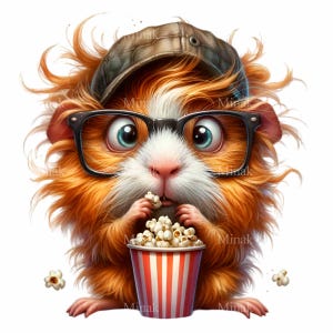 Flauschiges Meerschweinchen Clipart mit Mütze, Brille & Popcorn - 12 süße PNG Kunst für Kinder Dekor, Drucke und Aufkleber