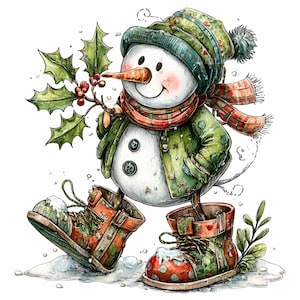 Puede incluir: Ilustración en acuarela de un muñeco de nieve con chaqueta, sombrero y bufanda verdes. El muñeco de nieve tiene una nariz de zanahoria y sostiene acebo. Lleva botas rojas y verdes con cordones y camina sobre la nieve.